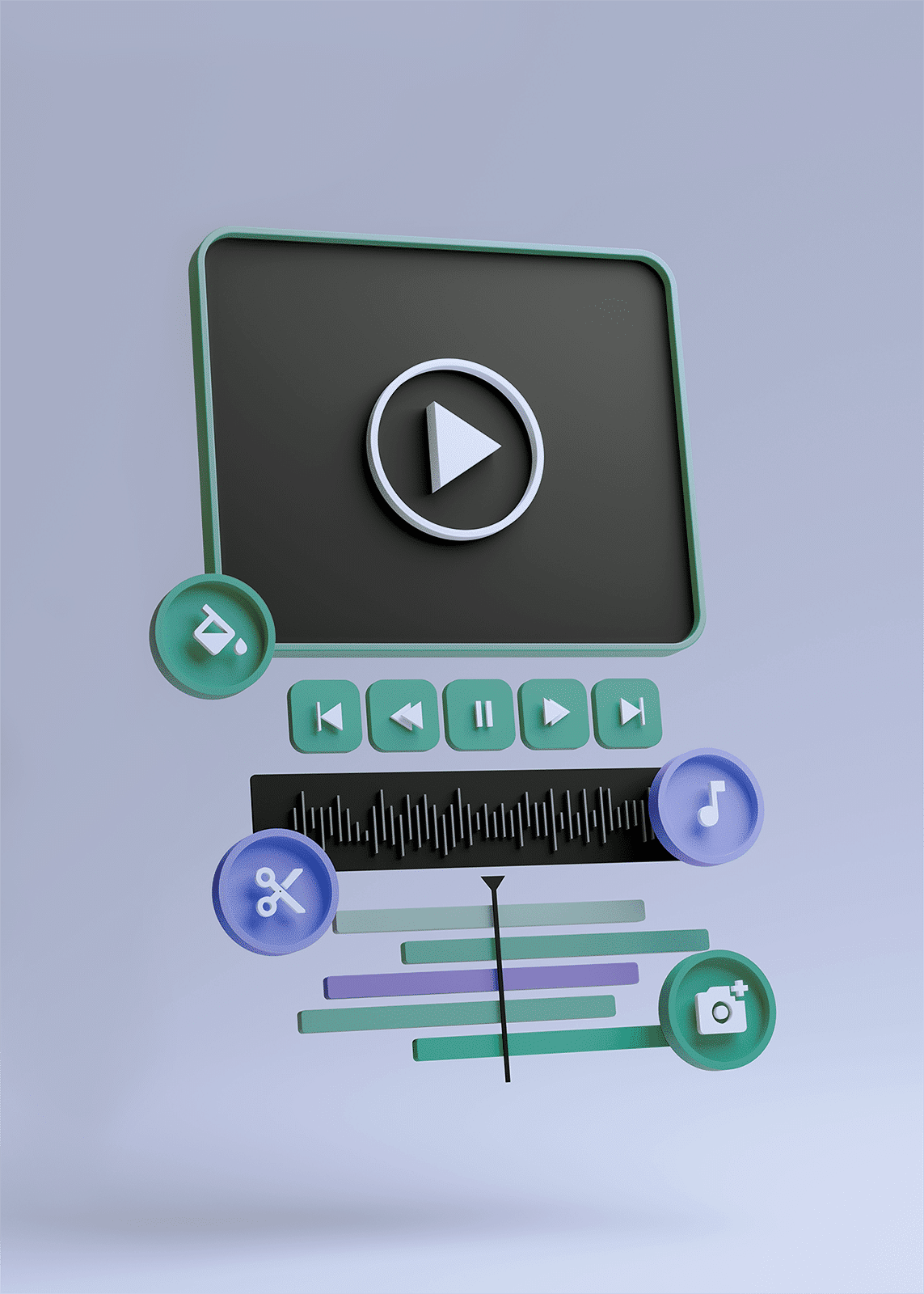 3D-illustration av videoredigering. Skapa rörligt material för effektiv videoannonsering online.