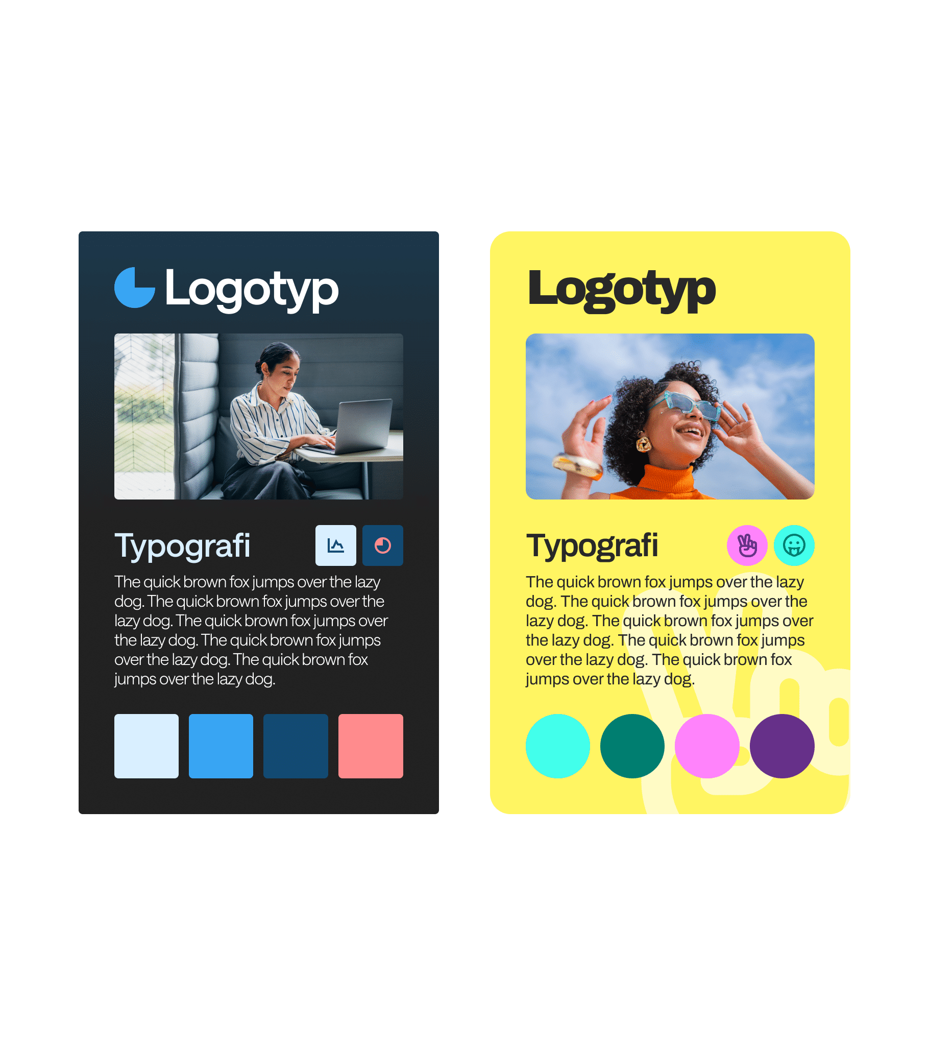 Exempel på hur färger, typografi och grafiska element samspelar i en visuell identitet.