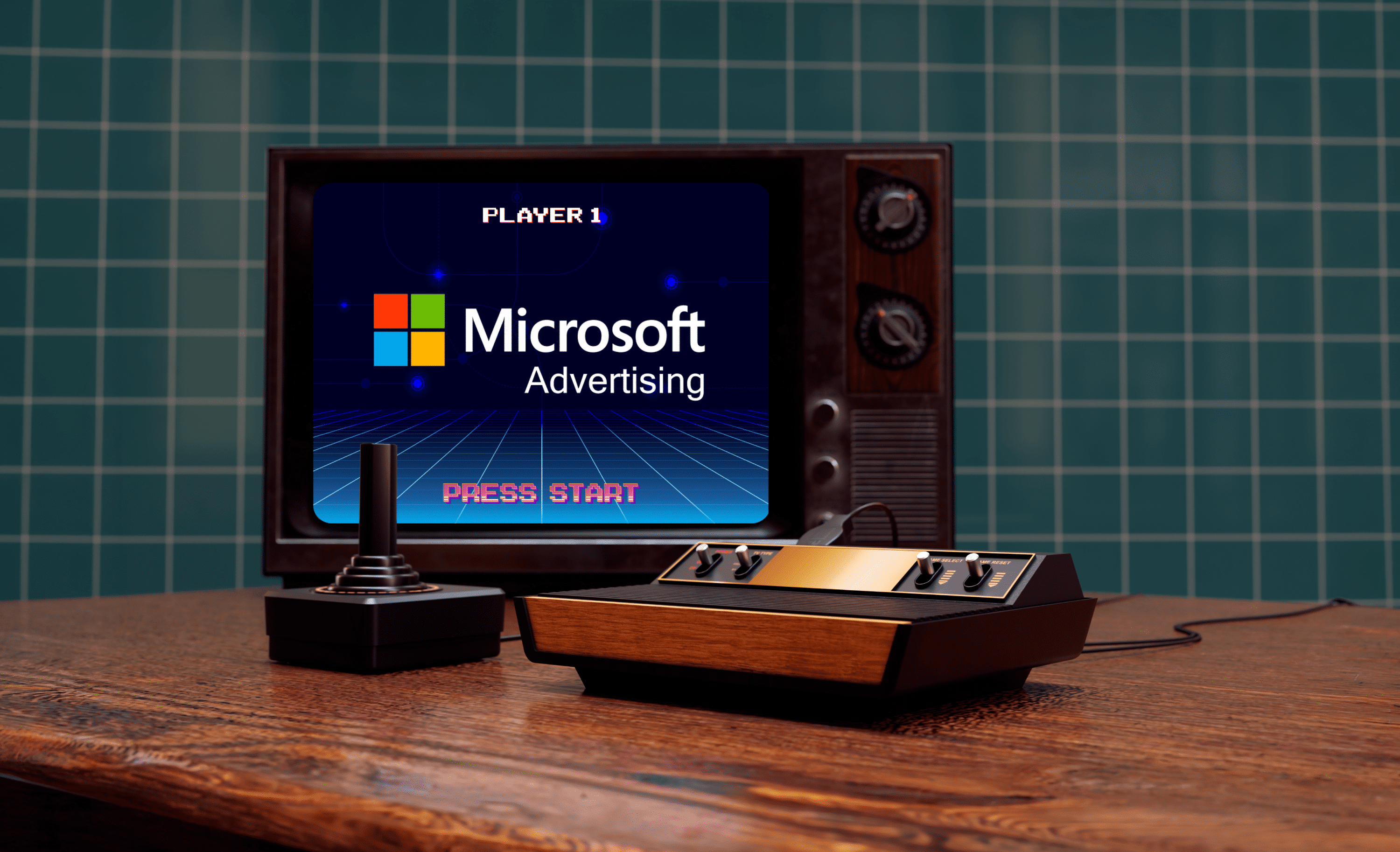 En retro-tv och spelkonsol på ett träbord som visar logotypen för Microsoft Advertising på skärmen.